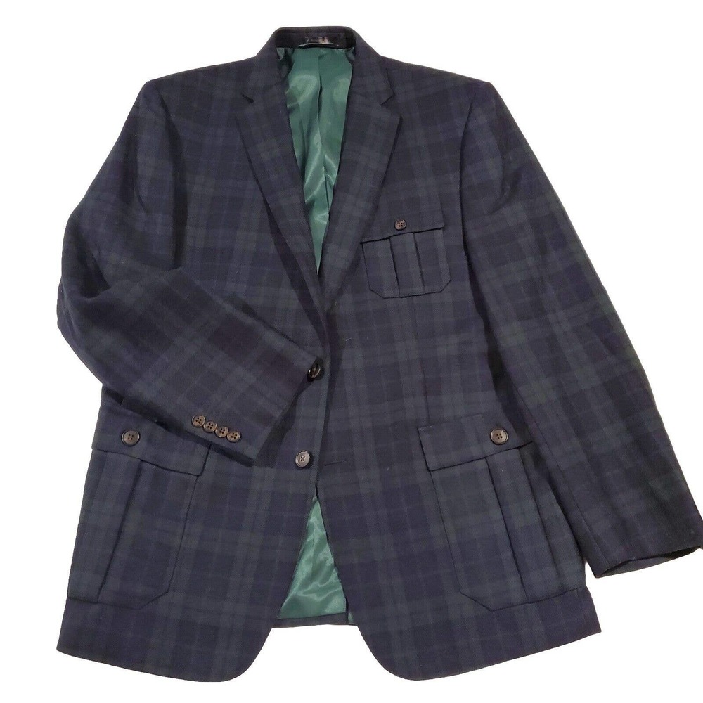 Izod Navy and Dark Green Plaid Sport Coat Blazer